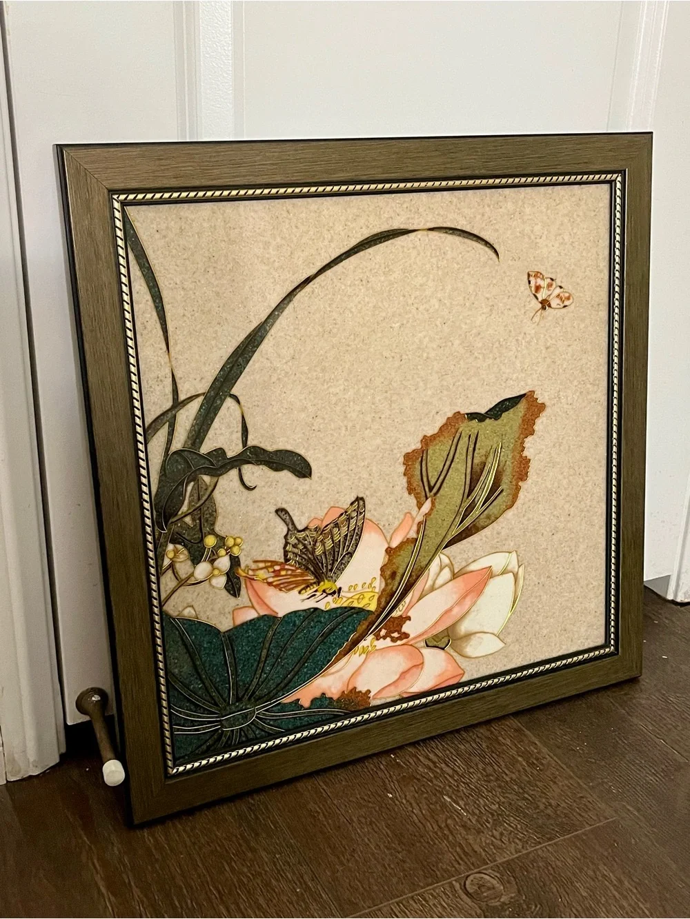 Vintage Ceramic Tile Art Arrangement Of Botanical And Butterfly Motif 18/19 Inch